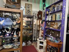 A shop interior displays various items including jewelry, figurines, vases, dishes, books, and decorative objects on shelves and glass cases.