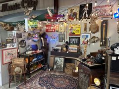 A cluttered antique shop corner displays vintage signs, posters, taxidermy, furniture, toys, records, and memorabilia under string lights with a patterned rug on the floor.