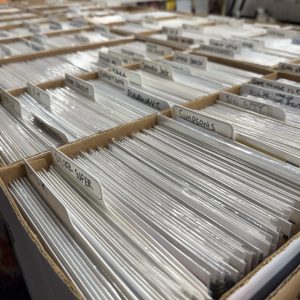 Rows of comic books organized in cardboard boxes with labeled dividers, including titles like "Silver Surfer," "Simpsons," and "Sin City.