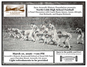 Black and white photo of a vintage high school football team in formation, with event details for a panel discussion on North Cobb High School Football.