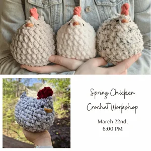 A person holds three crocheted chicken plushies; below, another crocheted chicken is shown outdoors. Text announces a Spring Chicken Crochet Workshop on March 22nd at 6:00 PM.