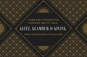 Black and gold invitation for the Cobb EMC Foundation Horizon Ability Gala with the theme "Glitz, Glamour & Giving" and website www.horizonabilitygala.org.