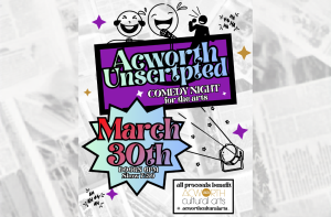 Poster for "Acworth Unscripted: Comedy Night for the Arts" on March 30th, doors at 6 PM, show at 7:30, benefiting Acworth Cultural Arts. Cartoon comedy faces and microphone graphic.