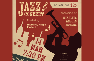 Poster for a jazz concert featuring Hibbard/Wright Project on March 14 at 7:30 PM; tickets $25; silhouette of trumpet player; sponsored by Charlies Angels Movers.