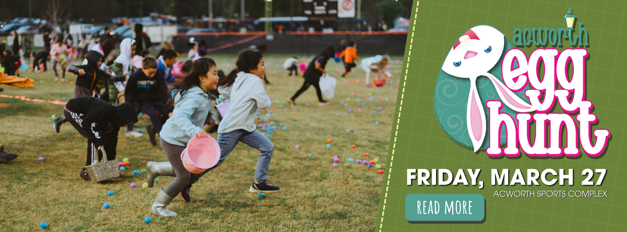 Children run across a grassy field collecting colorful eggs during an outdoor egg hunt event, with a banner promoting the Acworth Egg Hunt on Friday, March 27 at Acworth Sports Complex.