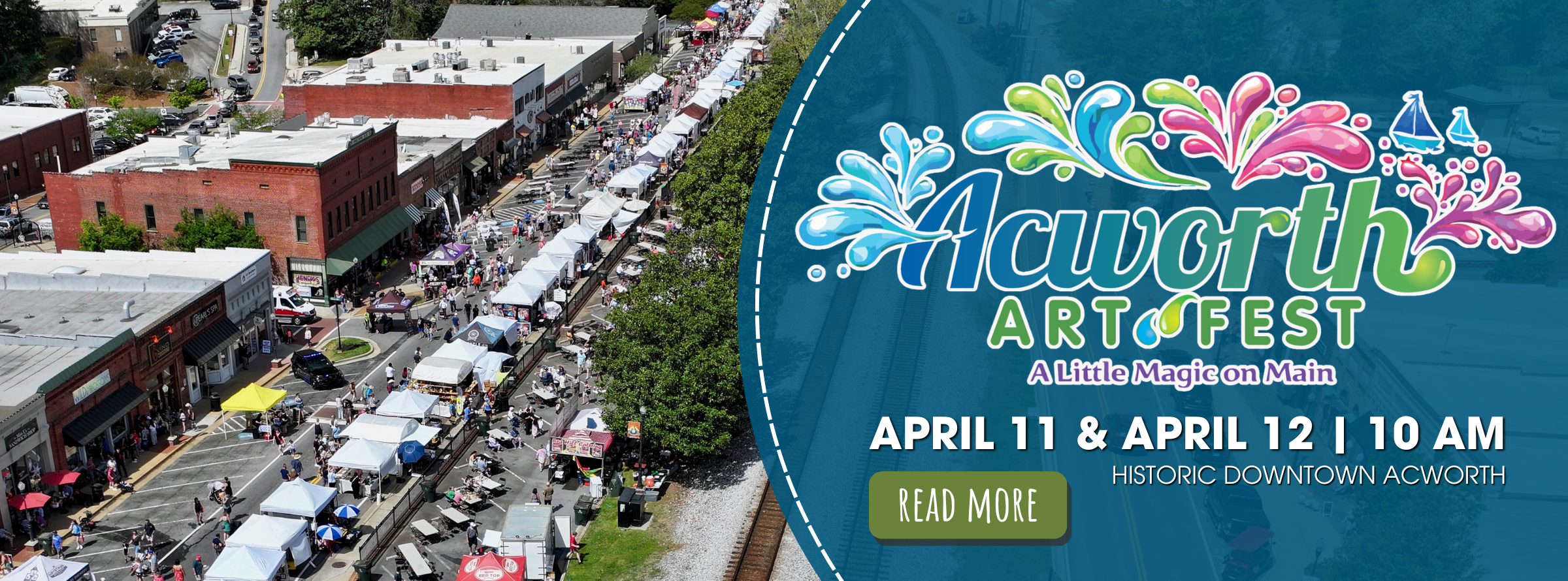 Aerial view of Acworth Art Fest with tents lining a street; text announces event dates: April 11 & 12 at 10 AM in historic downtown Acworth.