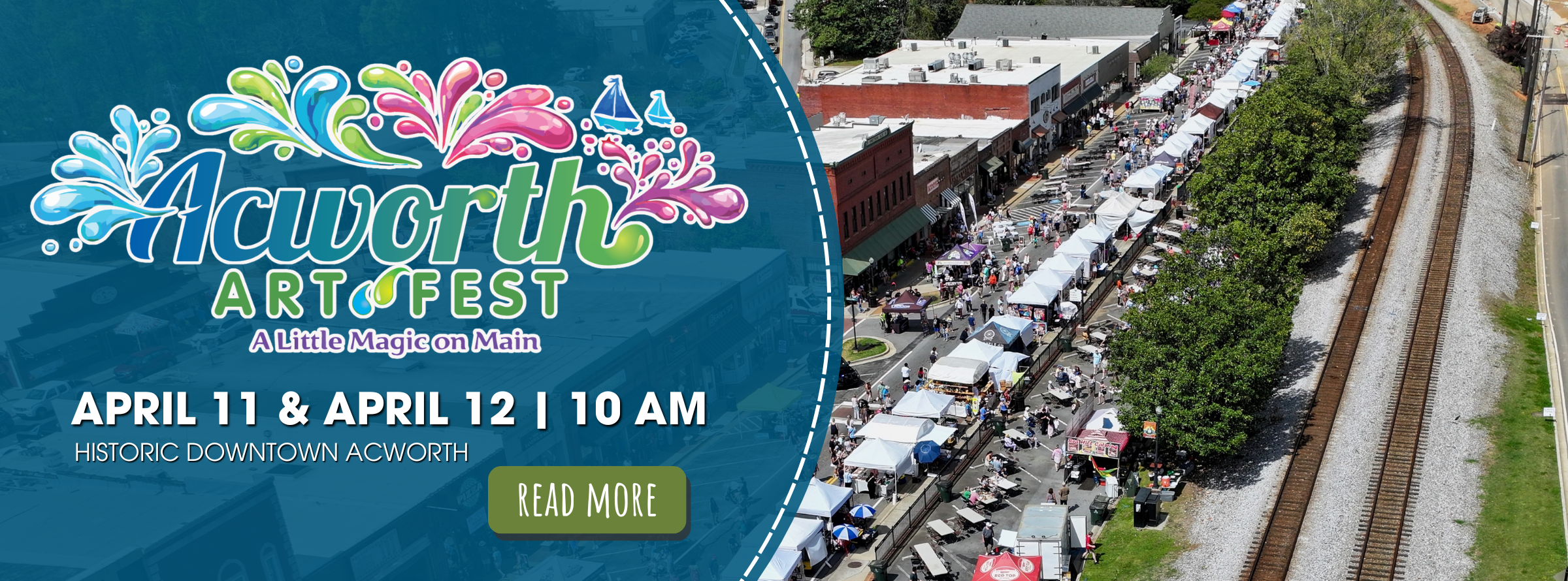Aerial view of a street festival with tents and crowds next to railroad tracks; text promotes Acworth Art Fest on April 11 & 12 at 10 AM in historic downtown Acworth.