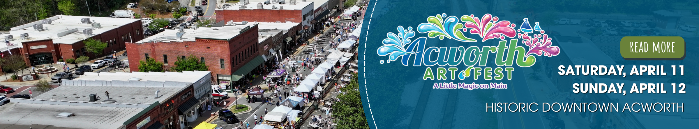 Aerial view of a street festival with booths and crowds; a graphic promotes Acworth Art Fest on April 11-12 in historic downtown Acworth.