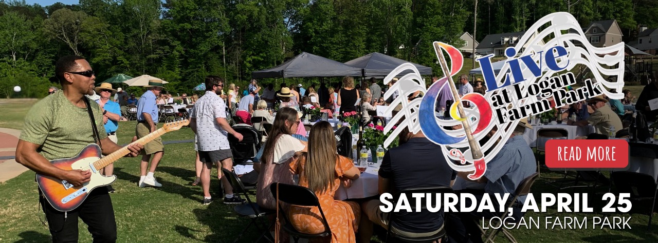 Outdoor concert at Logan Farm Park with a guitarist performing for a seated crowd; event info and "Live at Logan Farm Park" logo overlayed. Event date: Saturday, April 25.