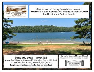 Event flyer for a talk on Historic Black Recreation Areas in North Cobb, scheduled for June 16, 2026, at a lakeside school park; free entry and refreshments provided.