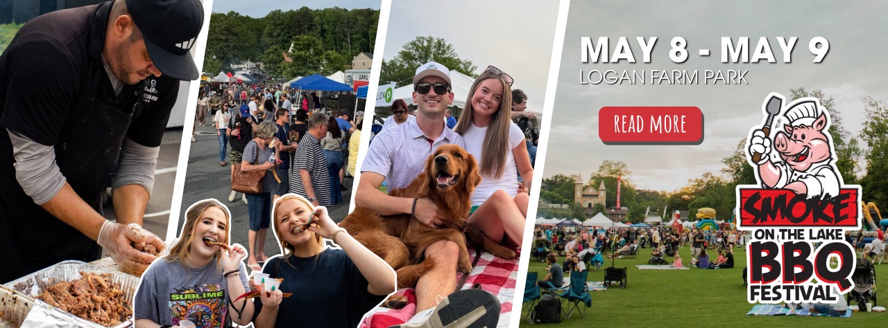 Collage of people enjoying food, music, and outdoor activities at the Smoke on the Lake BBQ Festival, May 8-9 at Logan Farm Park.
