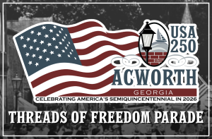 Logo for Acworth, Georgia's "Threads of Freedom Parade," featuring a waving American flag and text celebrating America's Semiquincentennial in 2026.