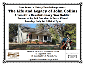 Event flyer for a talk about John Collins, featuring a historic house photo, event details, presenters, date, time, location, and mention of light refreshments.