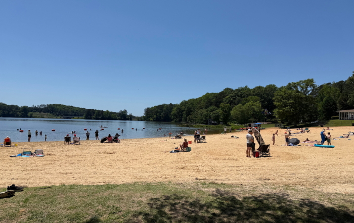 People relax and swim at a sandy beach by a lake on a clear, sunny day, with trees and grassy areas surrounding the shoreline—perfect for planning your beach day itinerary in Acworth.
