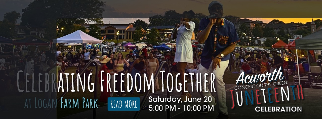 Outdoor Juneteenth celebration at Logan Farm Park with people gathered, musicians performing on stage, tents, and event details displayed.