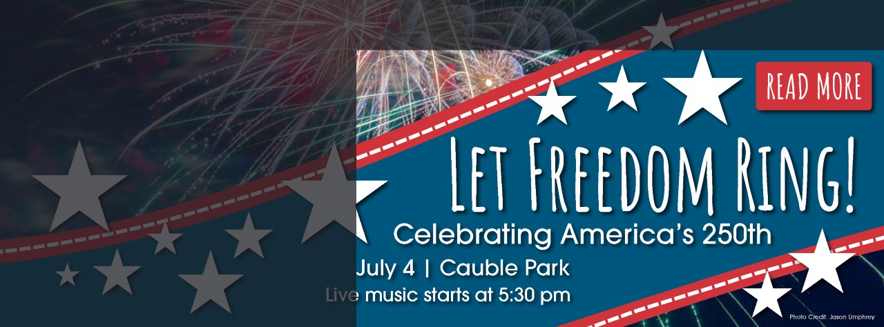 Image promoting a July 4th event at Cauble Park for America's 250th; fireworks and stars in the background, text announces live music at 5:30 pm.
