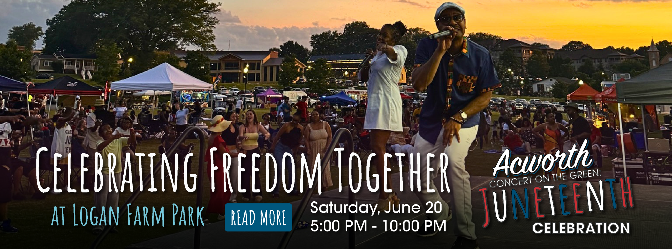 Outdoor Juneteenth celebration at Logan Farm Park with musicians performing on stage, tents, and a crowd gathered in the evening. Text details event date, time, and location.