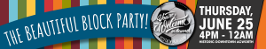 Colorful event banner for "The Beautiful Block Party!"—Celebrating Summer and the Beautiful Game in Acworth—on Thursday, June 25, from 4 PM to 12 AM, in Historic Downtown Acworth. Features a "You're Welcome" logo.