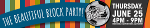 Colorful banner with stripes announces "The Beautiful Block Party!" Celebrate Summer and the Beautiful Game in Acworth on Thursday, June 25, 4 PM–9 PM, in Historic Downtown Acworth.