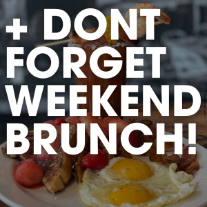 A plate with sunny-side-up eggs, toast, strawberries, and a drink is behind bold text reading “+ DON’T FORGET WEEKEND BRUNCH!”—it’s truly breakfast worth waking up for in Acworth.