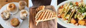 Three images: breakfast worth waking up for in Acworth with assorted breakfast items and drinks, grilled empanadas on a wooden board, and a plate of tacos topped with cheese, sauce, and cilantro.