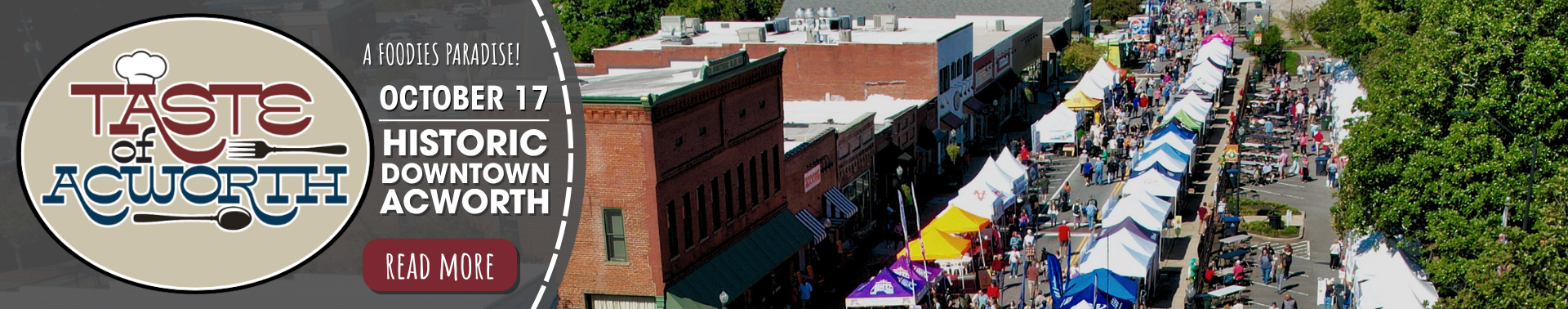 Banner for the Taste of Acworth on October 17, featuring the event logo and a high-angle view of a street festival where foodies and fun-seekers flock to rows of vendor tents.