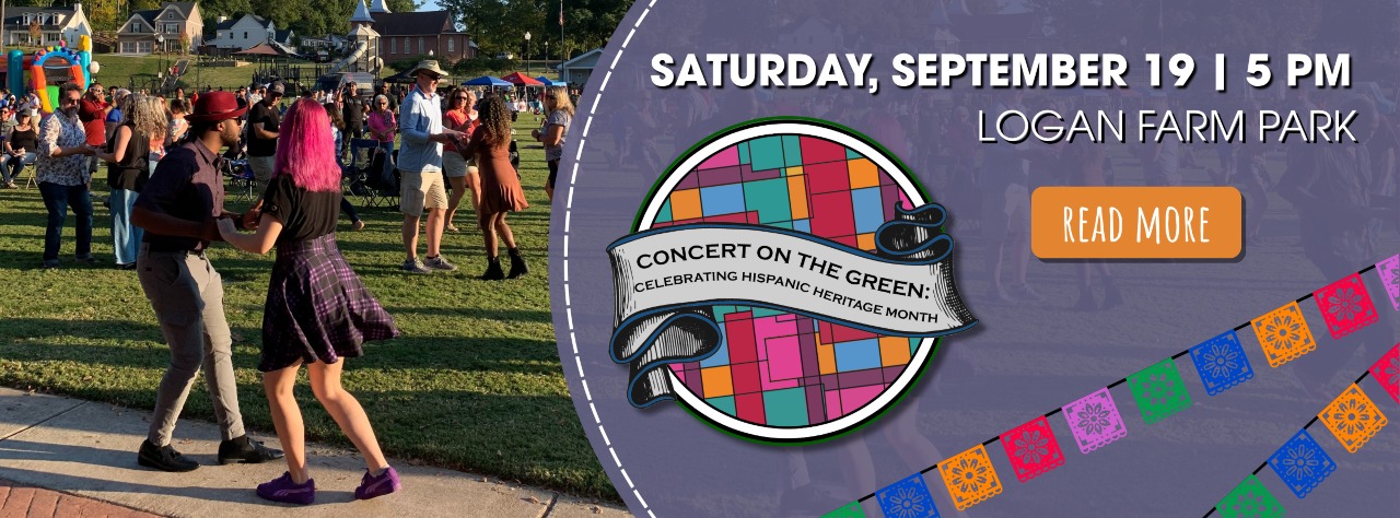 People dancing at an outdoor event with a logo for “Concert on the Green: Celebrating Hispanic Heritage Month” and event details for September 19 at Logan Farm Park.