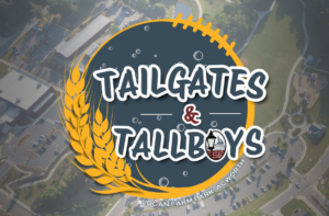 Tailgates & Tallboys“ text over a football graphic with wheat, set against an aerial view of a park with parking and buildings. “Logan Farm Park, Acworth” at the bottom.