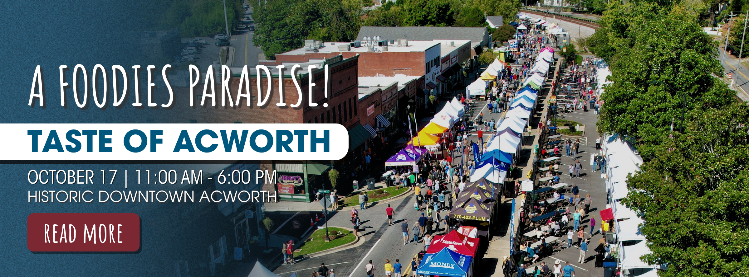 Aerial view of a busy outdoor food festival with tents lining both sides of a street in downtown Acworth, surrounded by trees and shops.