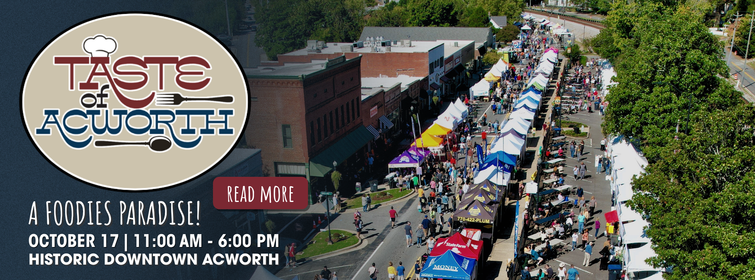 Aerial view of outdoor food festival in downtown Acworth with tents, crowds, and event details for “Taste of Acworth” on October 17.