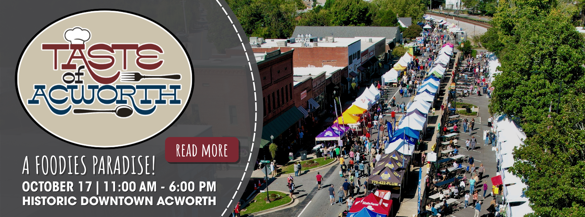 Aerial view of a street festival with vendor tents and crowds, promoting Taste of Acworth event on October 17 in historic downtown Acworth.