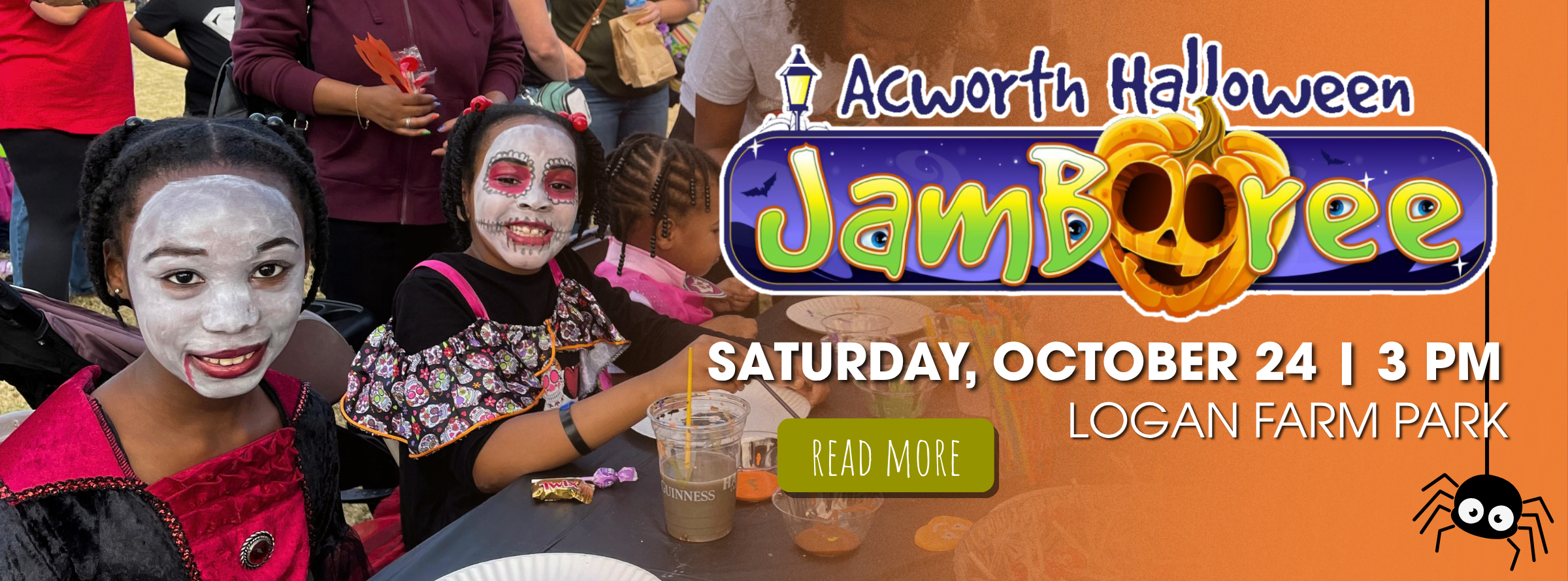 Two children in Halloween costumes with painted faces sit at a table with craft supplies at an outdoor event. Event details for “Acworth Halloween Jamboree” are shown on the right.