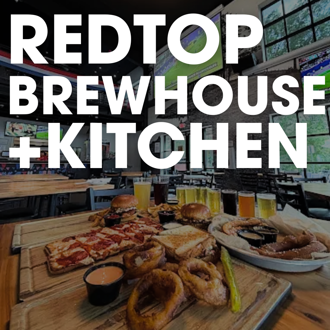 Redtop Brewhouse + Kitchen logo overlaid on a table spread of pub food and drinks, a spot to watch football in Acworth this fall.