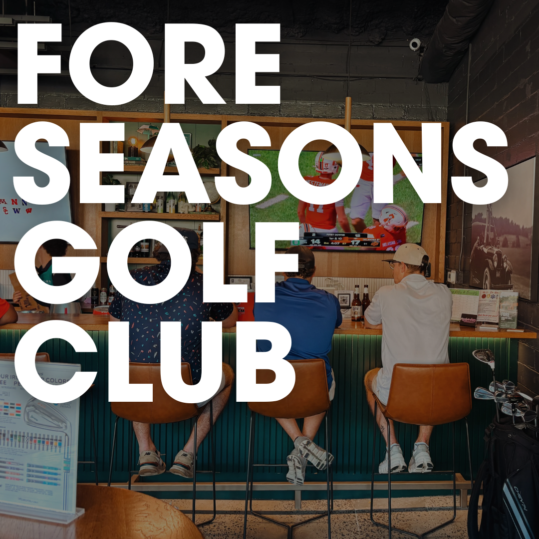 Three people watch a football game on a television in a golf-themed lounge, a spot to watch football in Acworth this fall.