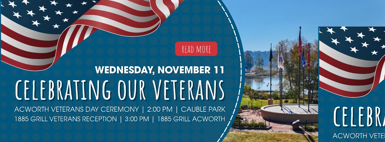 Event banner for the Acworth Veterans Day ceremony on November 11, featuring details for the 2:00 PM park ceremony and 3:00 PM reception.