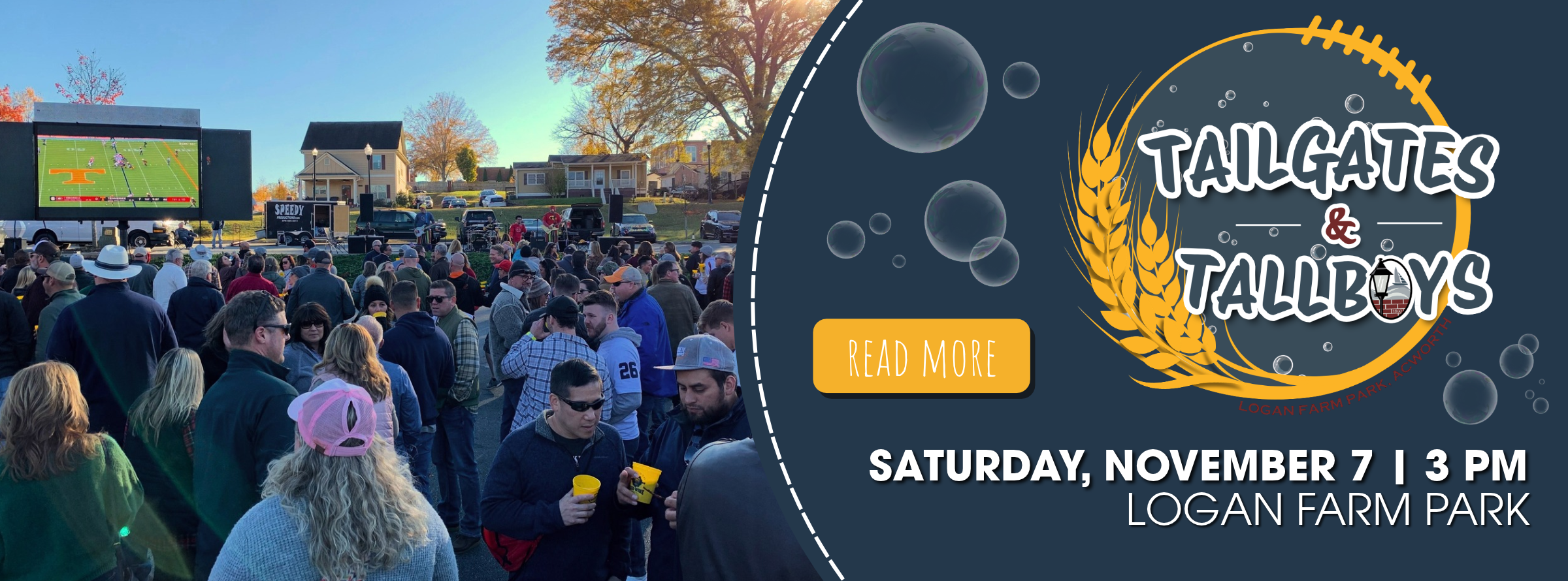 A crowd of people gathering at an outdoor event in a park, with a large screen playing a football game and a graphic advertising “Tailgates & Tallboys” on November 7 at Logan Farm Park.
