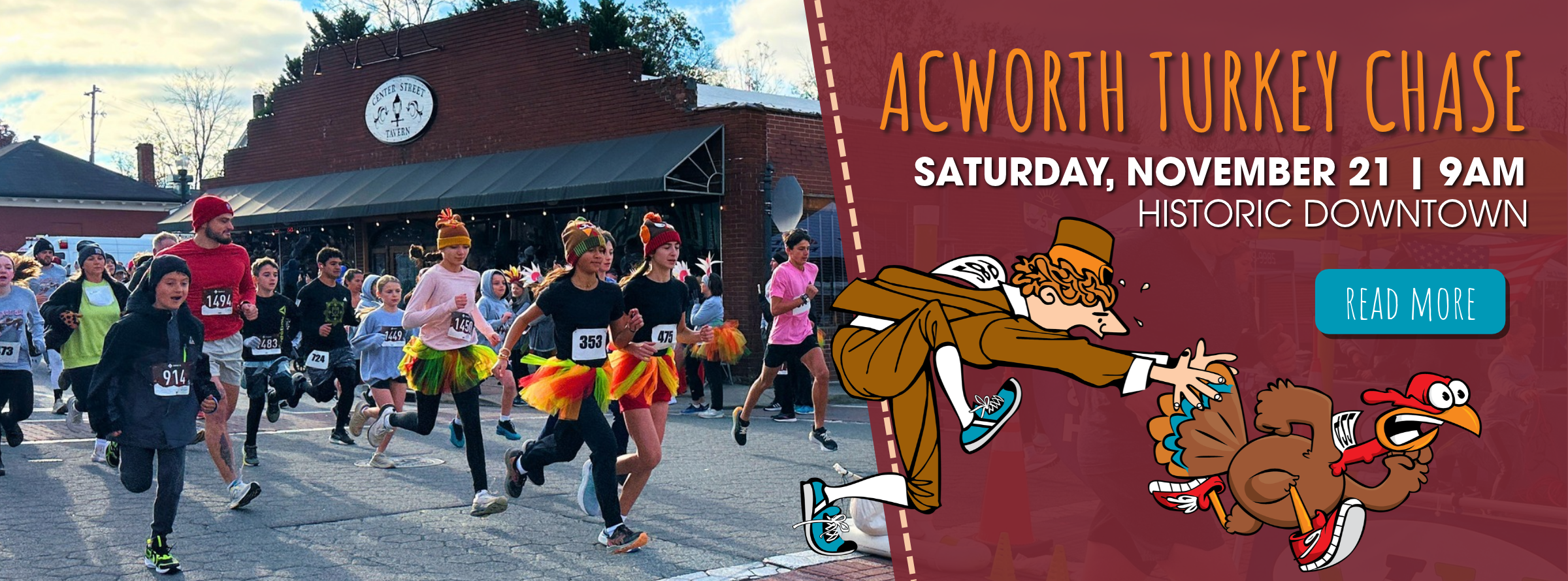 A crowd of people wearing race bibs runs down a street near a tavern, next to a flyer for the Acworth Turkey Chase on Saturday, November 21, at 9 AM in Historic Downtown.