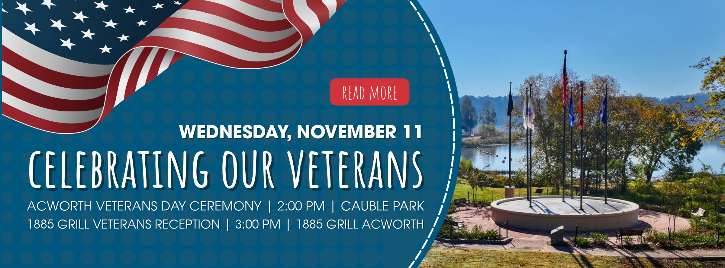Event banner for an Acworth Veterans Day ceremony on Wednesday, November 11, featuring the Acworth Veterans Memorial in Cauble Park.